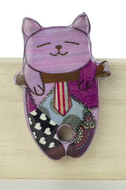 Broche GATO EN RAMA lila decoupage